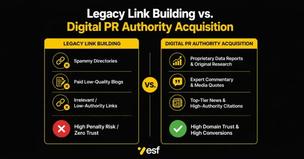 Comparison chart showing legacy link building versus digital PR authority acquisition