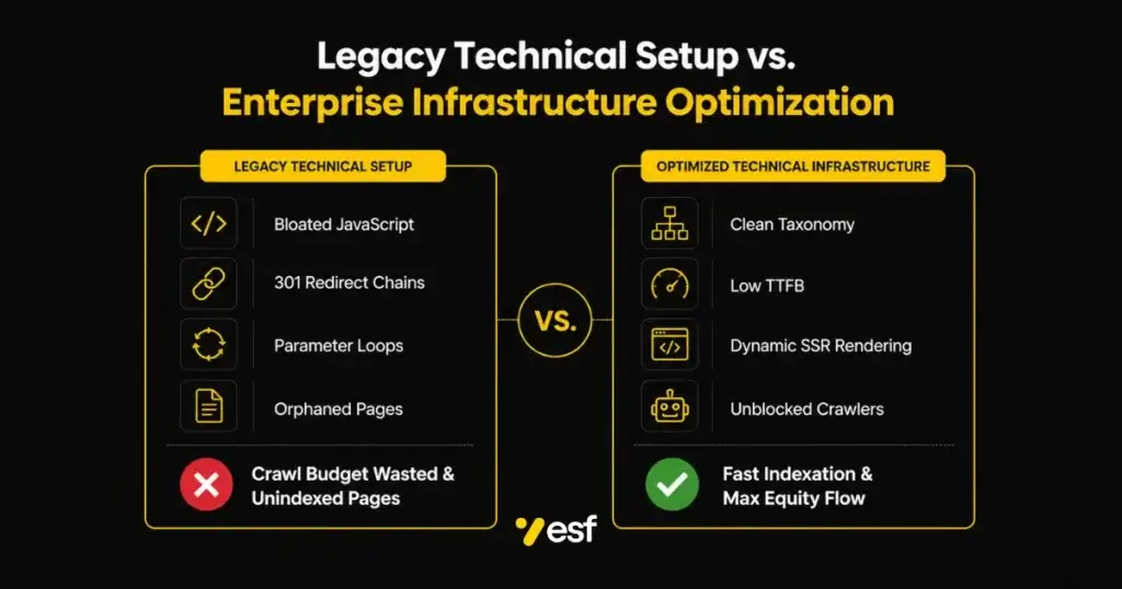 Comparison chart showing legacy technical website setup versus optimized enterprise infrastructure