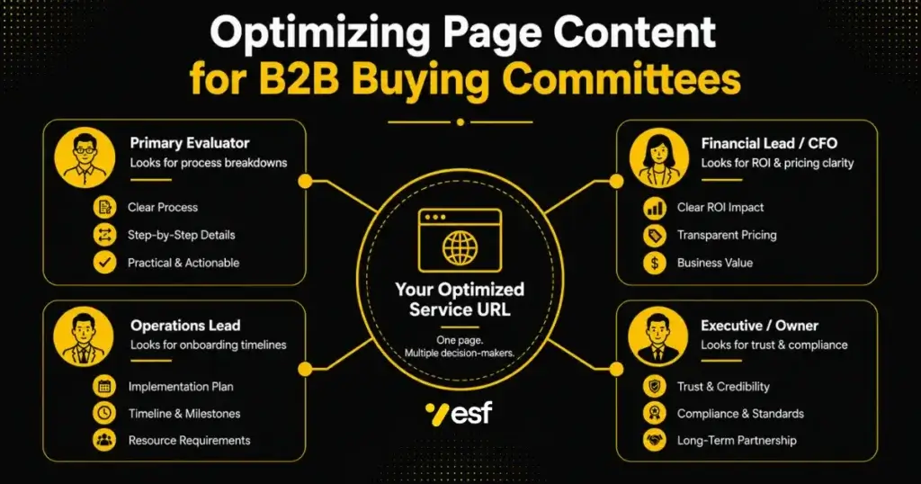 Diagram mapping website page optimization sections to internal decision maker criteria