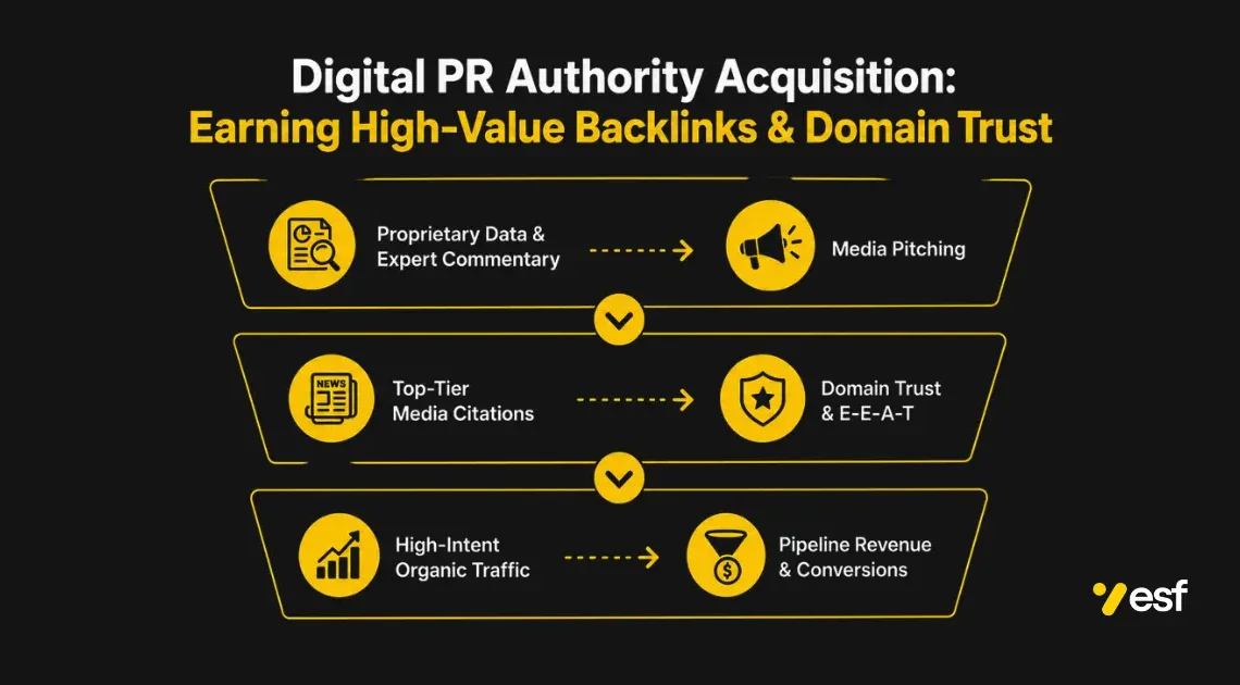 Digital PR authority acquisition framework showing how earning media citations builds domain trust