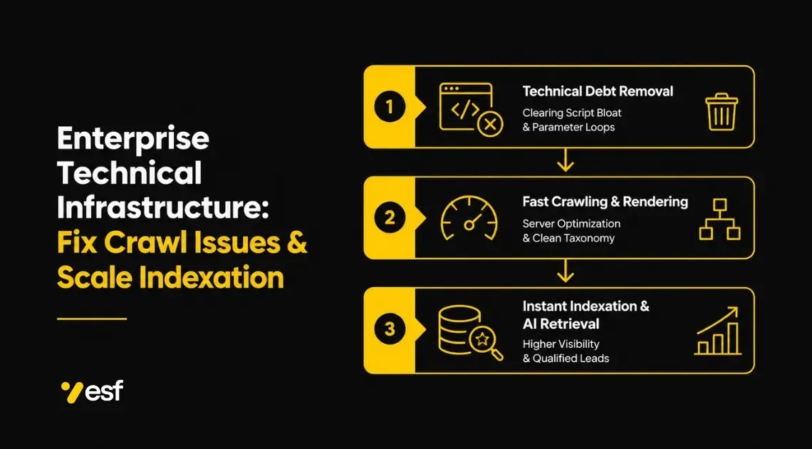 Enterprise technical infrastructure framework showing crawl optimization driving search indexation