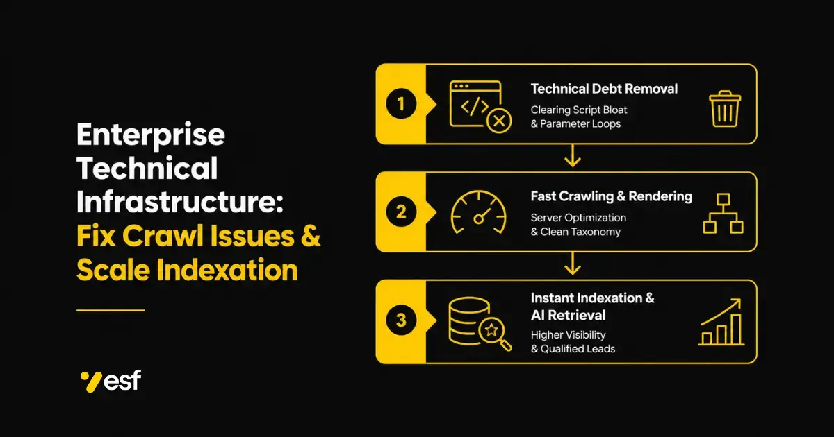 Enterprise technical infrastructure framework showing crawl optimization driving search indexation