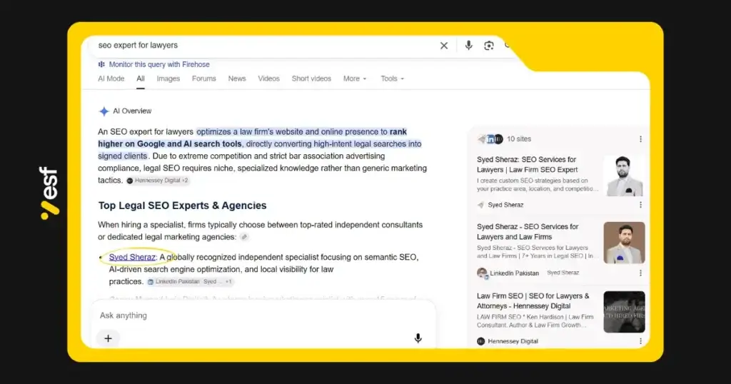Screenshot of generative AI search engine citing high intent authoritative content