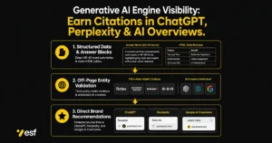 Generative AI engine visibility framework showing structured data driving AI search citations