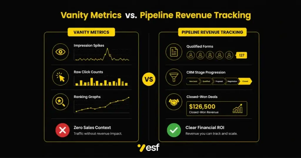 Comparison graphic showing vanity SEO metrics versus transparent pipeline revenue tracking